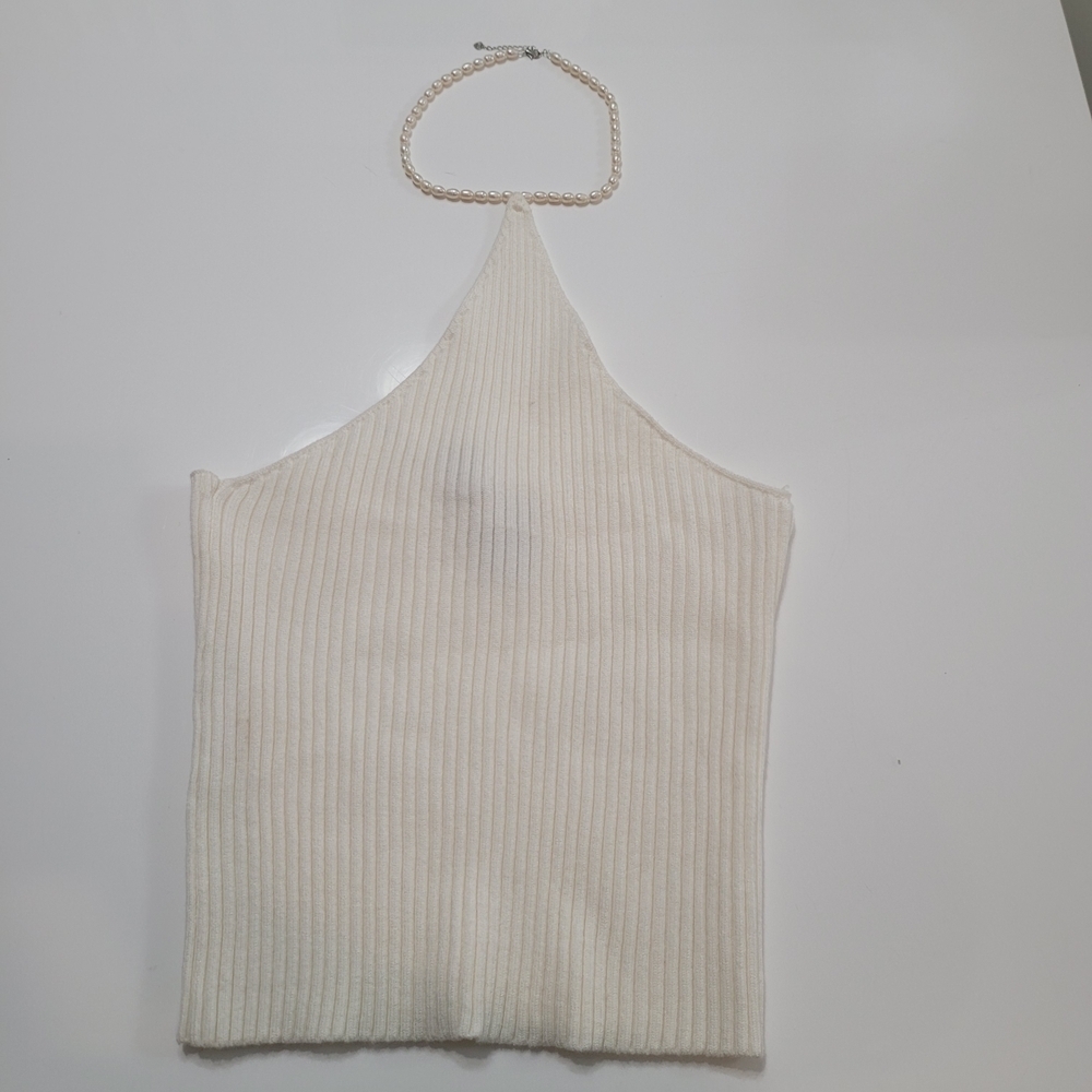 Windsor Off White Ribbed Halter Top with Pearl Size L